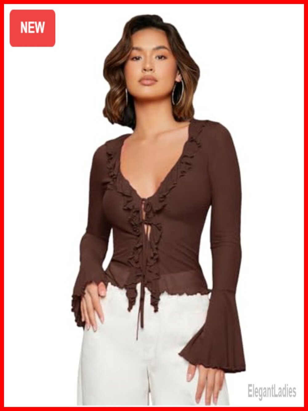 Bell Sleeve Blouse Sheer Mesh Tie Front Ruffle V-Neck Crop Top